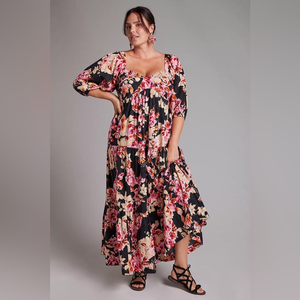 Anthropologie Blossom Floral Tiered Maxi Dress Sweetheart Neckline size medium